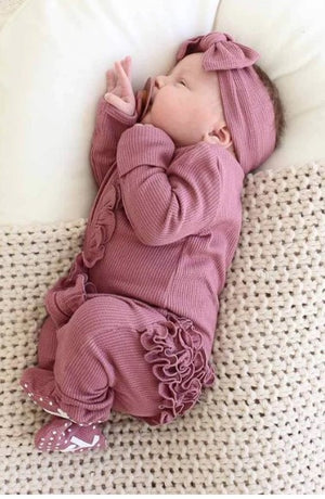 Baby Girl Outfit Size 3M-9M Coming Home Outfit for Baby Girls - Newborn Waffle Knit Ruffled Footie With Bow - Hospital Outfit for Baby Girl