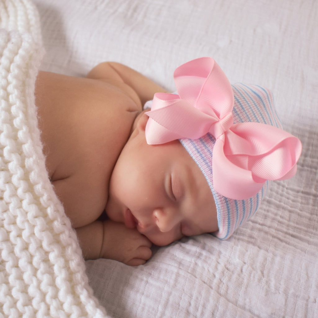 Pink Blue Striped Hospital Hat with Classic Pink Bow