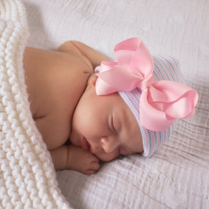 Pink Blue Striped Hospital Hat with Classic Pink Bow