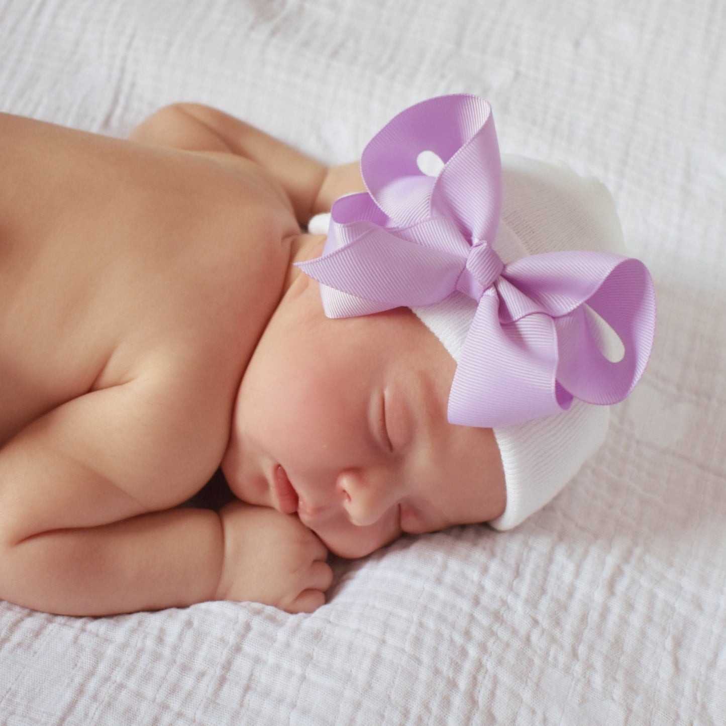 White Newborn Hospital Hat with Classic Purple Lavender Bow