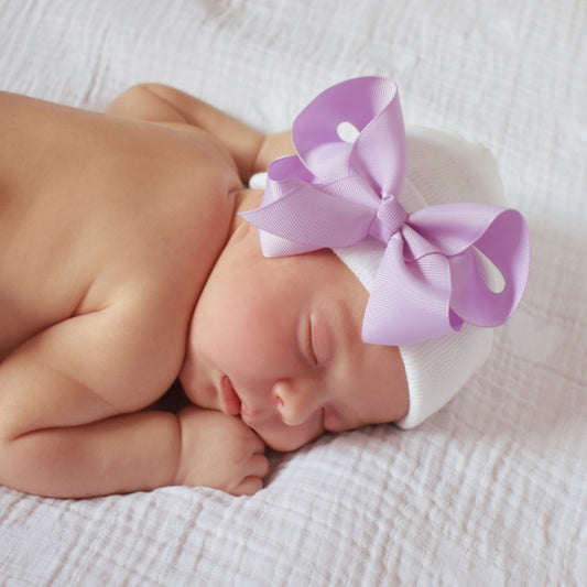 White Newborn Hospital Hat with Classic Purple Lavender Bow