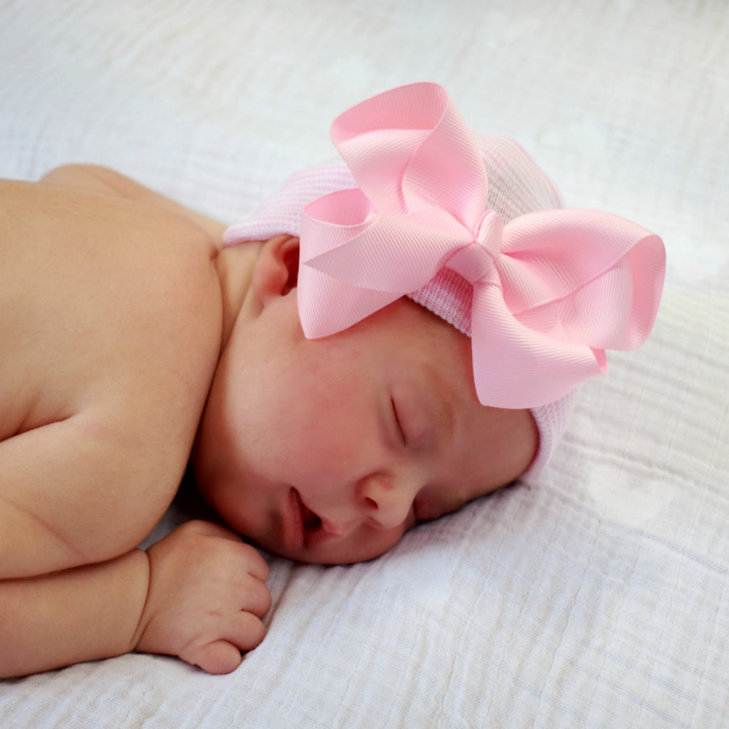 Pink White Striped Newborn Hospital Hat with Classic Pink Bow
