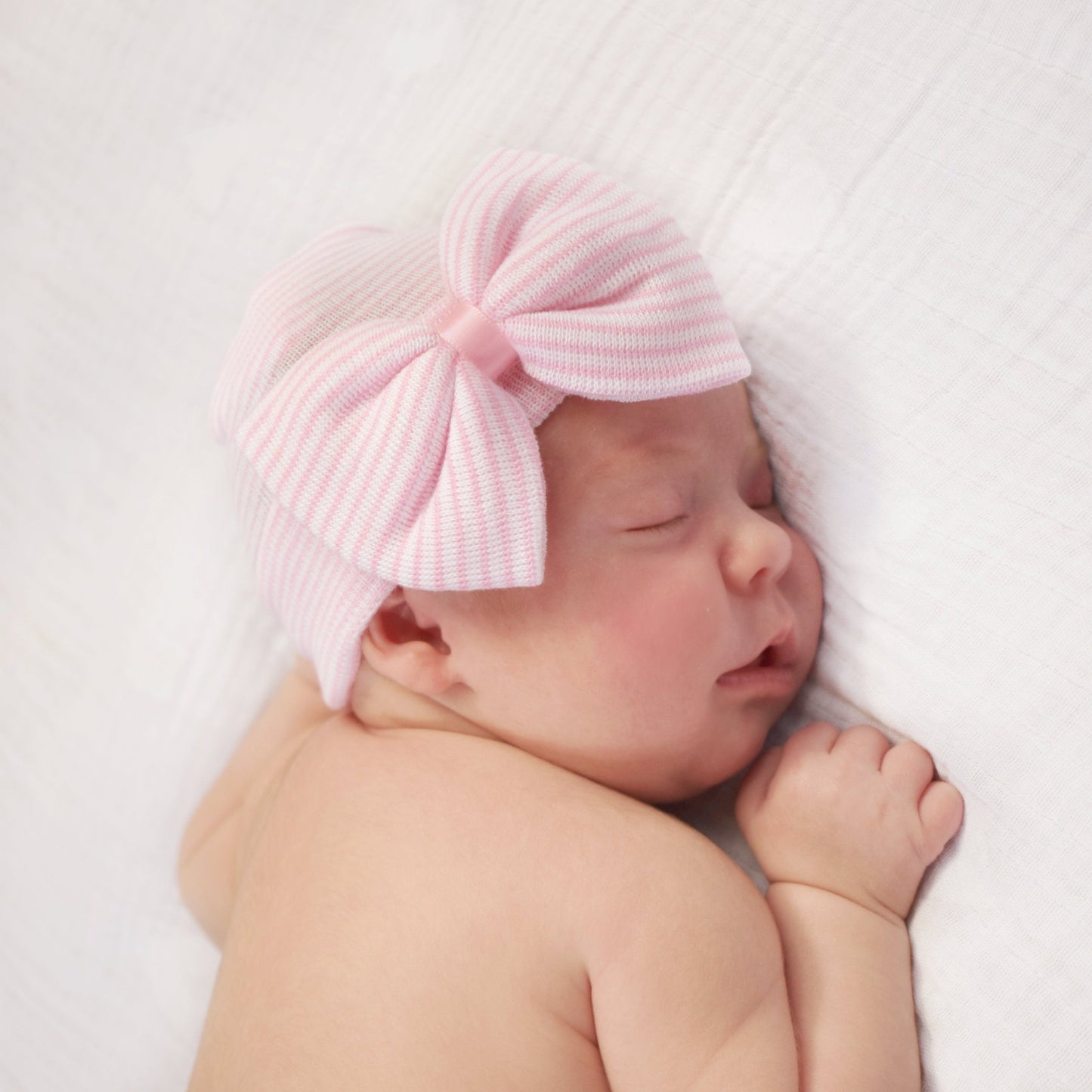 Pink White Striped Newborn Hat with Bow