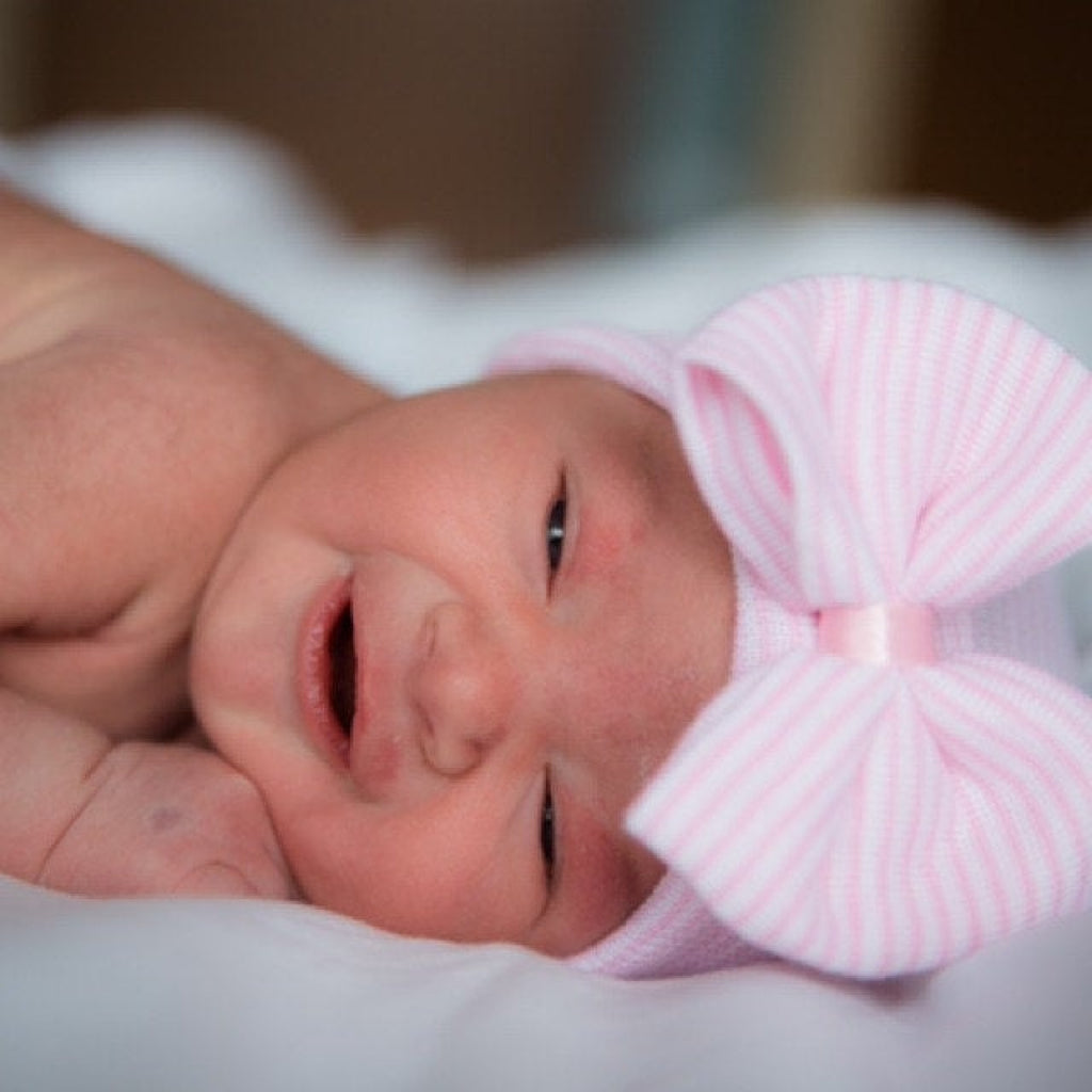 Pink White Striped Newborn Hat with Bow